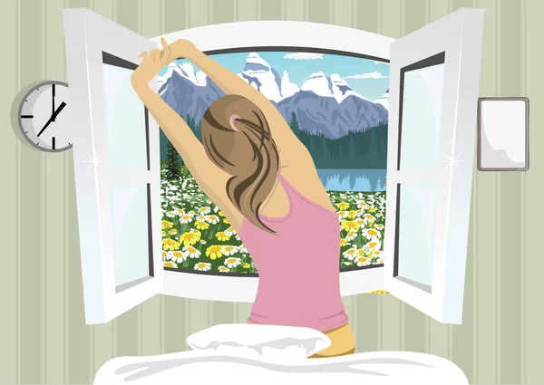 Frau streckt sich nach dem Aufwachen im Bett, Blick zurück auf sommerliche Berglandschaft — Stockvektor