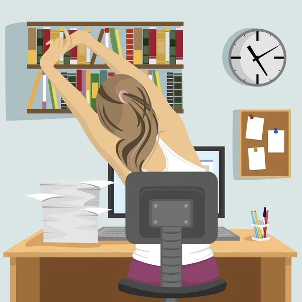 Baksidan på ung kvinna sitter och stretching på arbetsplatsen på kontoret eller hemma — Stock vektor