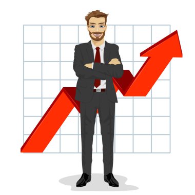 katlanmış silah ile başarılı iş adamı. Büyümenin finansal başarı çubuk grafiği