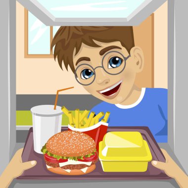 tepsi yemek fast food ile mutlu genç çocuk için bir sürücü-thru pencereden veren eller