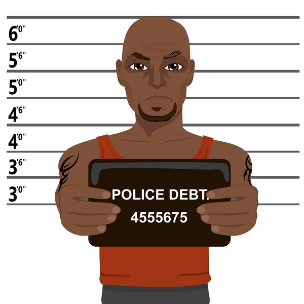 Afrikaanse Amerikaans crimineel met tatoeages holding mugshot — Stockvector