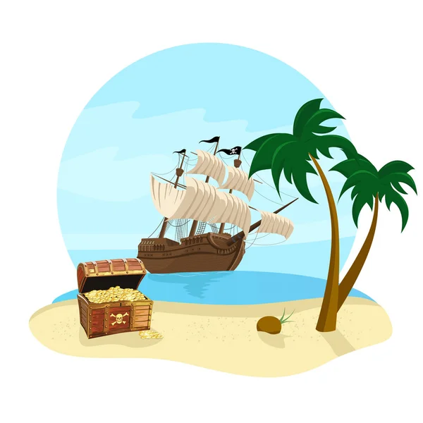 Vacaciones de verano icono de viaje con barco pirata, cocotero, cofre del tesoro y playa — Archivo Imágenes Vectoriales