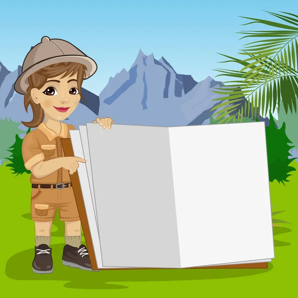 Cute little explorer girl in safari outfit showing giant book open in the jungle — Stock Vector