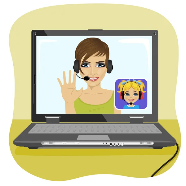 Young mom chatting with her daughter via internet. Video call and chat concept. Modern communication technology. — Stock Vector