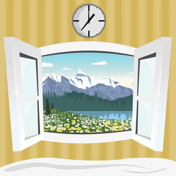 Відкрите вікно з літнім видом на гірський пейзаж — стоковий вектор