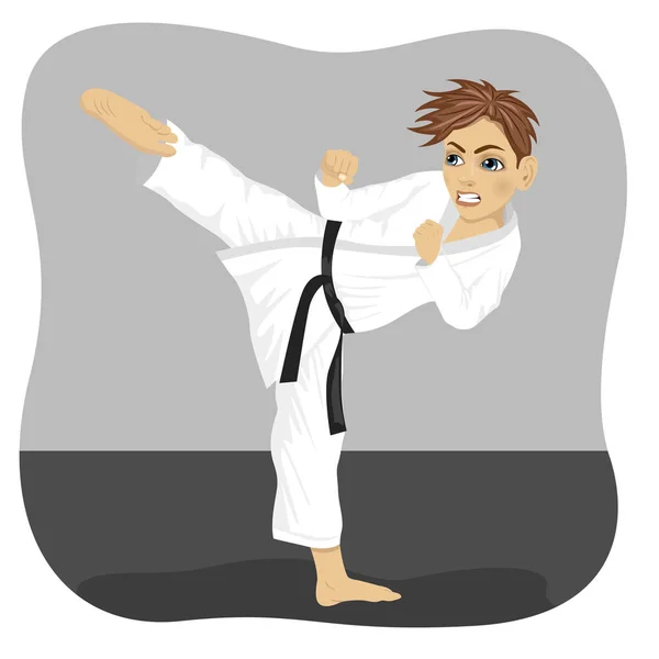 Ung tonåring svart bälte karate pojke i kimono tränar kick motion — Stock vektor