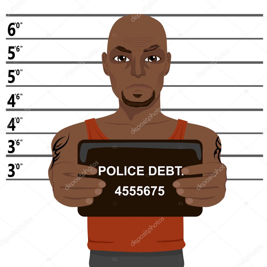 african american criminal with tattoos holding mugshot