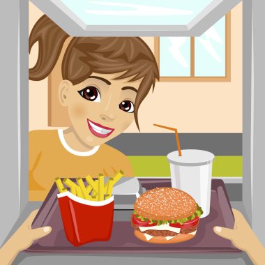 hands giving tray with fast food meals through a drive-thru window to happy teenager girl clipart