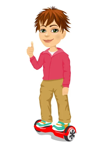 Happy teenager boy riding gyroscooter and giving thumbs up - eco transport, hoverboard, smart balance wheel — Stock Vector