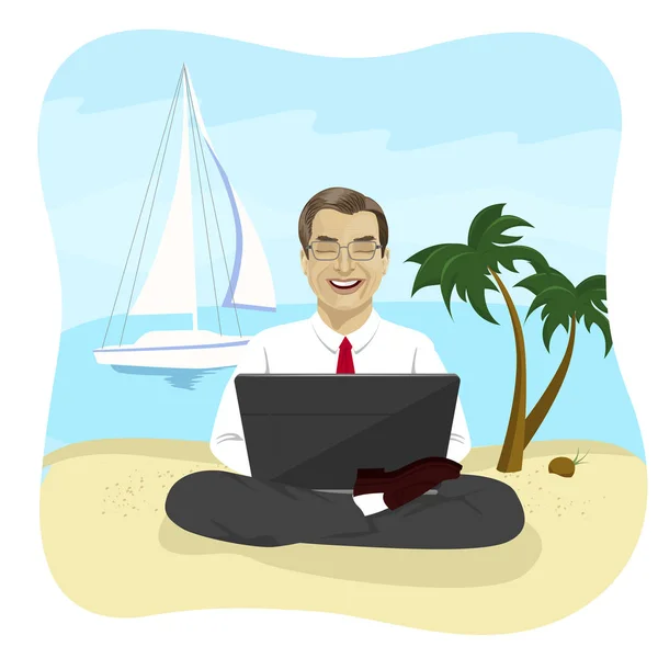 Empresário usando computador portátil na praia tropical sentado em pose de lótus —  Vetores de Stock