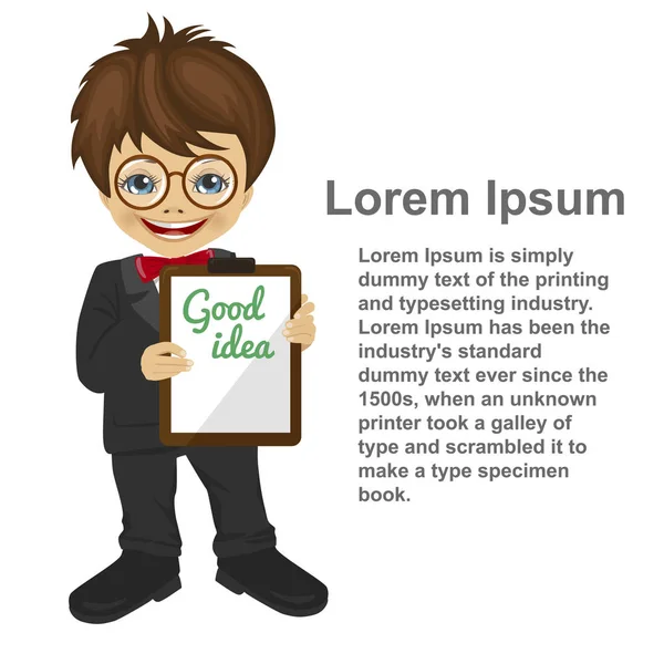 Маленький хлопчик пропонує свою ідею тримаючи кишеню — стоковий вектор