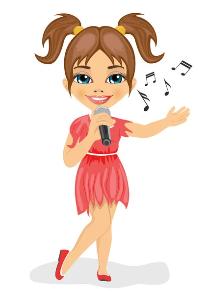 Ładna dziewczynka w czerwonej sukience z mikrofonem śpiewa piosenki. Na białym tle — Wektor stockowy