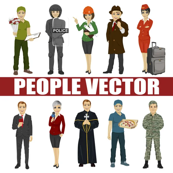 Ensemble de personnes diverses. Diverses professions. policier, émeute, architecte, hôtesse de l'air, prêtre, courrier, soldat, journaliste, détective — Image vectorielle