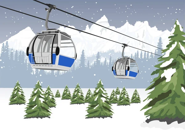 Μπλε αυτοκίνητο καλώδιο ανελκυστήρα στο θέρετρο σκι το χειμώνα μπροστά από επιβλητικά βουνά — Διανυσματικό Αρχείο