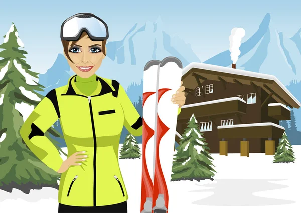 Female mountain skier standing in front of chalet in winter ski resort — Stock Vector