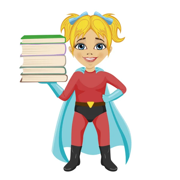 Bonito menina vestindo super herói traje segurando pilha de livros —  Vetores de Stock