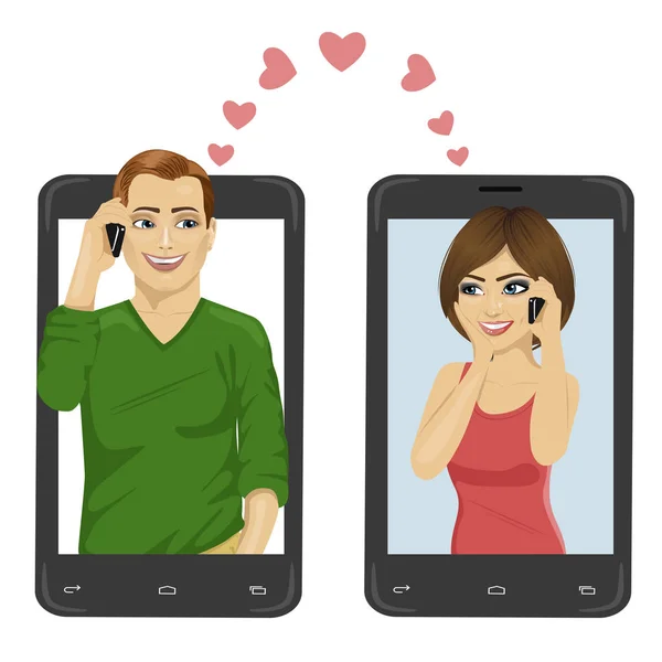 Влюблённые пары внутри своих смартфонов общаются друг с другом — стоковый вектор