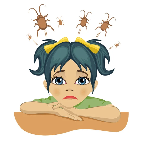 悲伤的小女孩，跟在她的头的蟑螂 — 图库矢量图片
