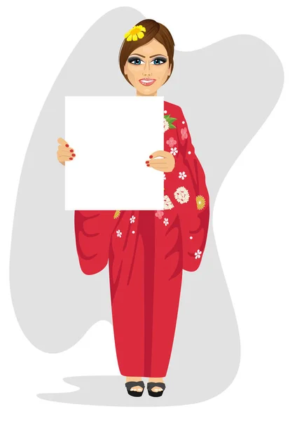 빈 빈 보드와 함께 전통적인 일본 드레스 여자 — 스톡 벡터