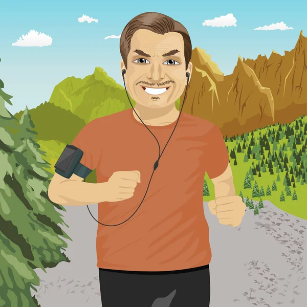Hombre maduro corriendo en las montañas con brazalete de teléfono inteligente escuchando música lista de reproducción en la aplicación de teléfono móvil — Vector de stock