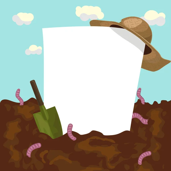 Tablero vacío en blanco con sombrero de paja y paleta de jardín en el suelo con lombrices de tierra — Vector de stock