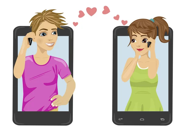 Влюбленные подростки в своих смартфонах общаются друг с другом — стоковый вектор
