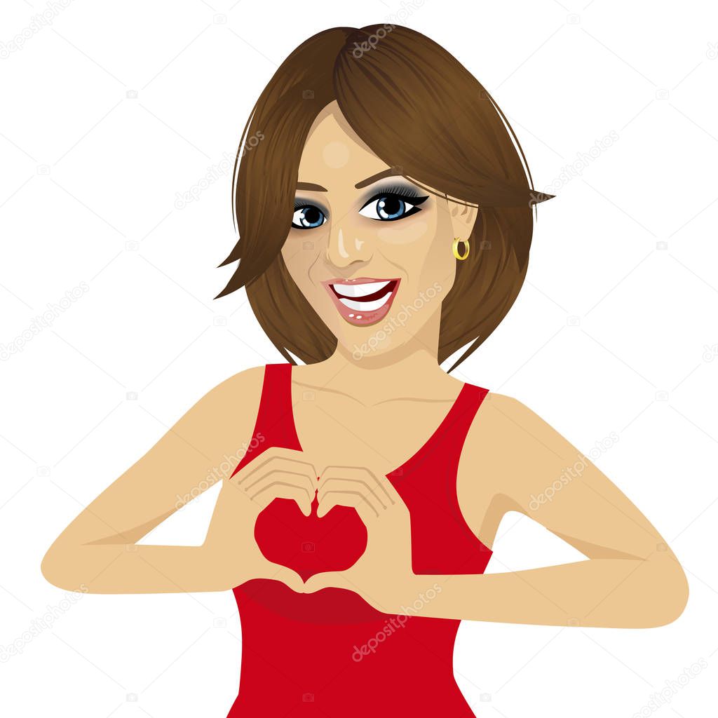 Cheerful happy woman making heart sign with hands smiling