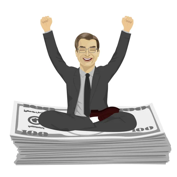 Mature businessman with arms up celebrating his success sitting on dollar bills stack — Stock Vector