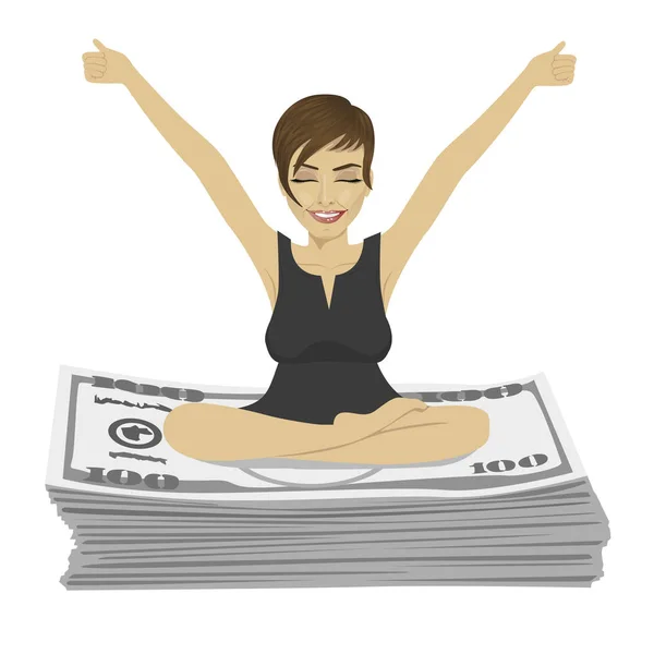 Young businesswoman with arms up celebrating her success sitting on dollar bills stack — Stock Vector