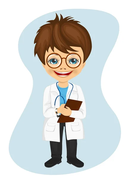 Petit nerd garçon avec des lunettes portant des notes d'écriture blouse de laboratoire — Image vectorielle