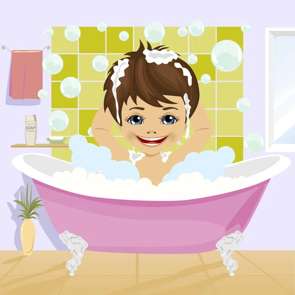 Petit garçon laver ses cheveux avec shampooing assis dans la baignoire dans la salle de bain — Image vectorielle