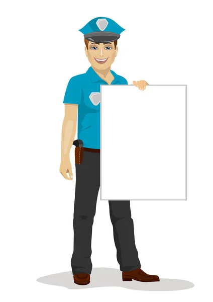 Young handsome policeman holding blank board over white background — Stock Vector