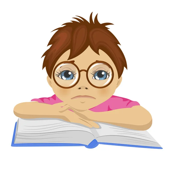 Triste nerd écolier gardant ses bras sur livre ouvert — Image vectorielle