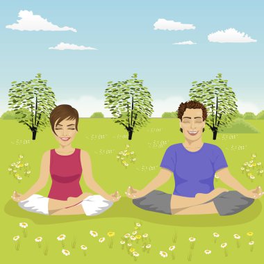 Genç çift yoga yaparken parkta yaz aylarında egzersiz.