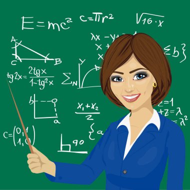 Blackboard yanında duran genç matematik öğretmeni