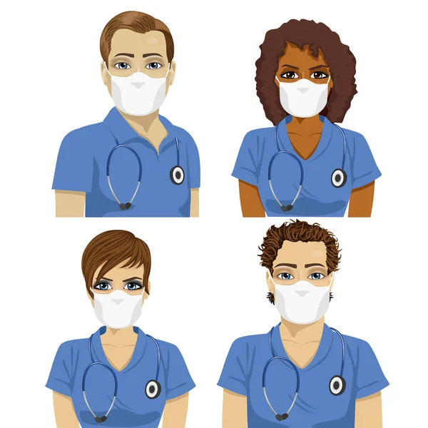 医疗护士戴着口罩的听诊器的员工队伍 — 图库矢量图片