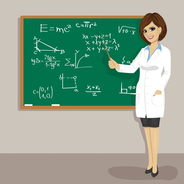 Mladá atraktivní kavkazské matematiky učitel stojí vedle tabule — Stockový vektor