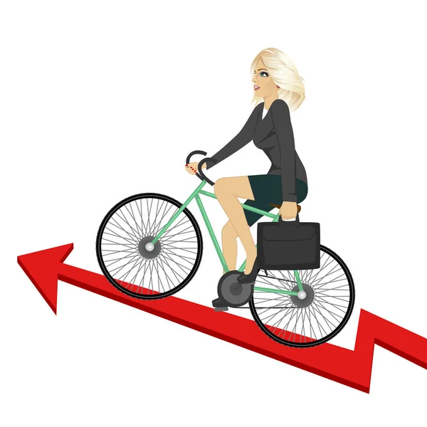Mujer de negocios con maletín montando bicicleta hasta una flecha de éxito. Concepto de crecimiento empresarial . — Vector de stock