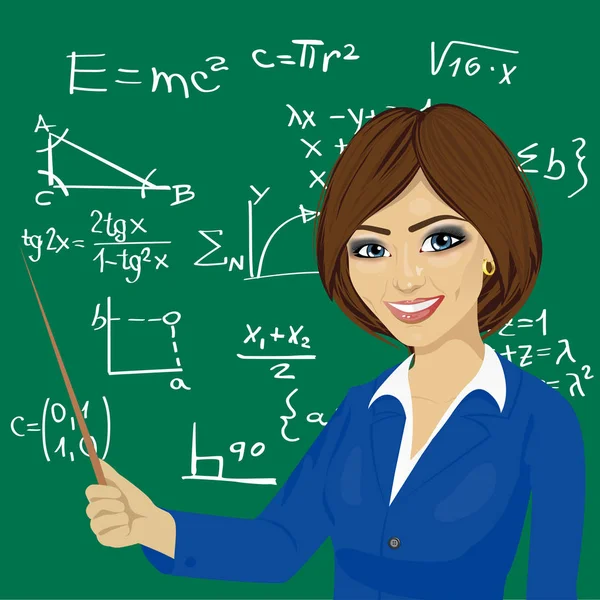 Young math teacher standing next to blackboard — Stock Vector