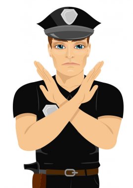 X şekli ile kayıt yapma ciddi genç polis memuru kollar ve eller