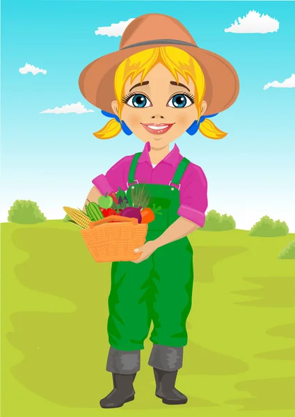 Nettes kleines Mädchen spielt Gärtner mit Korb voll frischem Gemüse — Stockvektor