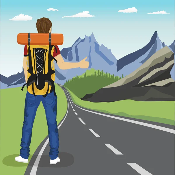 Вид сзади на молодого человека, путешествующего автостопом по дороге в горах — стоковый вектор