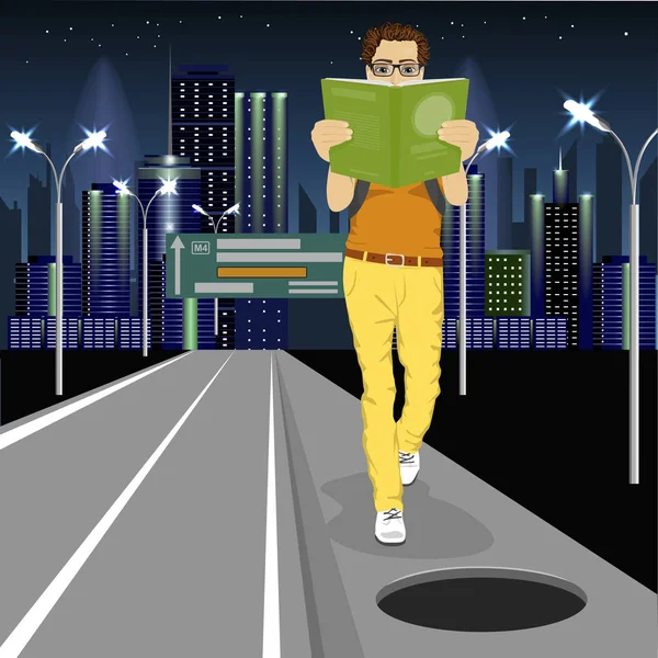 Mladý muž je absorbován v knize jde směrem k nebezpečné otevřené nezabezpečené poklop na silnici — Stockový vektor