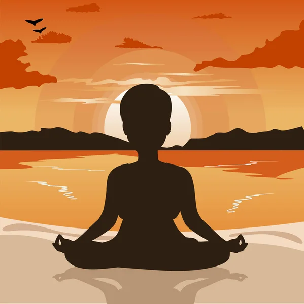 Silhouette donna facendo yoga sulla spiaggia al tramonto o all'alba — Vettoriale Stock