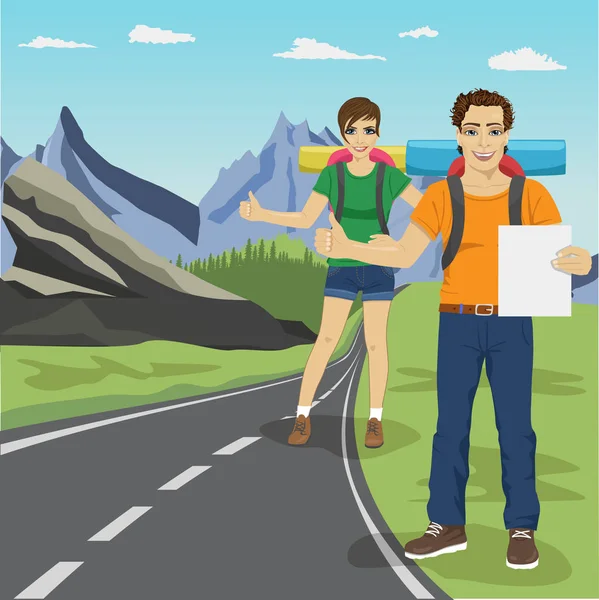 Jeune homme et femme en stop sur la route en montagne — Image vectorielle
