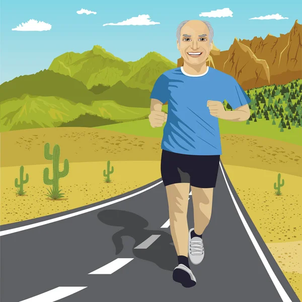 Hombre mayor corriendo o corriendo por la carretera en las montañas. Ajuste corredor de fitness masculino maduro durante el entrenamiento al aire libre — Archivo Imágenes Vectoriales