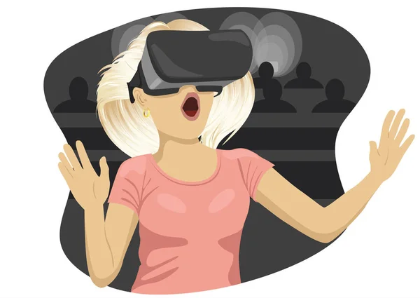 Mujer joven con gafas de realidad virtual en el cine — Archivo Imágenes Vectoriales