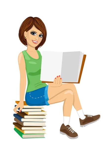 Young student girl sitting on stack of books showing open textbook — Stock Vector