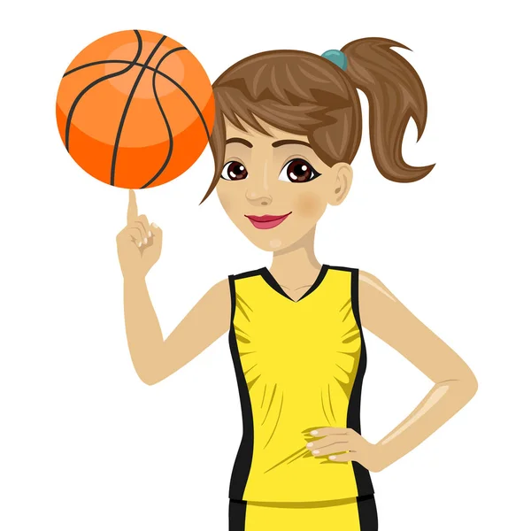 Adolescente ragazza girando pallacanestro palla con il dito — Vettoriale Stock