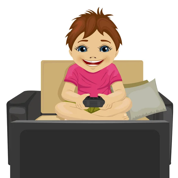 ソファーに座っていた小さな男の子の自宅でビデオ ゲームをプレイ — ストックベクタ